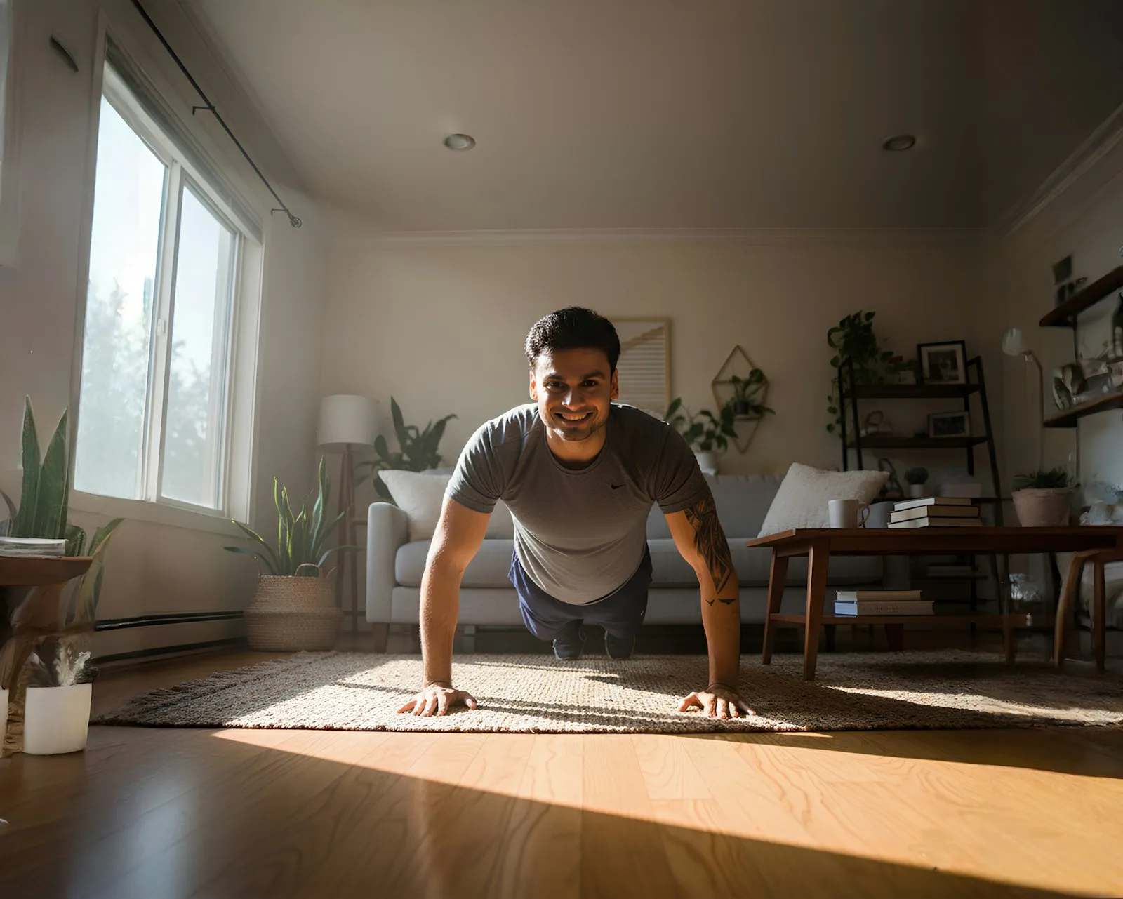 A man doing push-ups in a sunny living room